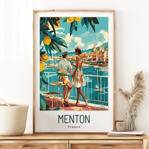 Póster vintage de Menton para decoración de interiores modernos, recuerdo de Francia: regalo para amantes del sol o regalo de boda.
