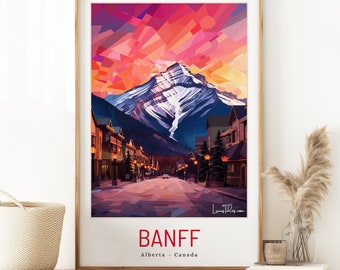 May include: A colorful, geometric illustration of a mountain town with a snowy peak in the background. The town is lined with buildings and streetlights, and the sky is a vibrant pink and orange. The text "BANFF Alberta - Canada" is at the bottom of the image.
