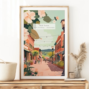 Impresión de viaje de Fort Collins, Colorado - Póster de recuerdo para amantes de Colorado - Regalo de boda o cumpleaños - Ilustración del casco antiguo