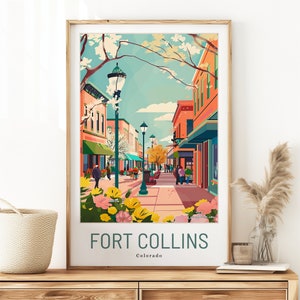 Póster de recuerdo de viaje de Fort Collins, Colorado, para amantes de la montaña, ideal como regalo de boda o cumpleaños, obra de arte del casco antiguo.