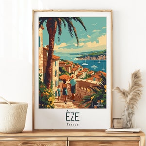 Decoración con estampado vintage de Eze: póster de recuerdo moderno de Francia para los amantes del sol, ideal para cumpleaños o bodas.