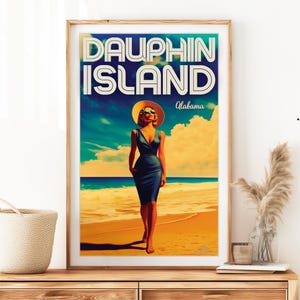 Dauphin Island, Alabama – Arte di viaggio costiera – Poster vintage fatto a mano per un design d'interni moderno – Souvenir della spiaggia dell'Alabama
