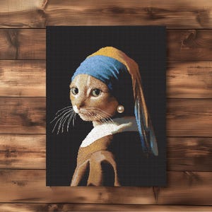 Cat with a Pearl Earring Cross Stitch Pattern, Vermeer Cross Stitch, Cat Cross Stitch, Cat Embroidery Pattern, Artsy Cross Stitch, Fine Art