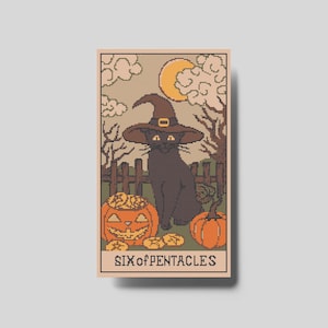 Tarotkruissteekpatroon, zes van pentakels, kleine arcana, kattentarotkaart, Halloween-kat pdf-patroon, arcana-borduurpatroon, heksenhoed