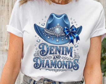 Denim und Diamanten 6PNG Cowgirl Western T-Shirt Design Strass Cowgirl Grafik Country Glam Design Westernhut Diamant PNG Sublimationsdruck