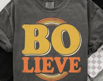 Retro Believe BO Lieve PNG, diseño de cita motivacional vintage, tipografía estilo años 70, descarga de gráfico para camiseta retro