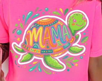 Dibujo PNG de una linda tortuga mamá | Diseño de camiseta para mamá dibujado a mano | Regalo divertido para mamá | Gráfico plano de tortuga de dibujos animados