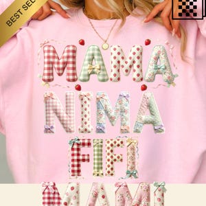Strawberry Mama PNG, Patchwork Mama Design, Cute Mom Shirt PNG, Coquette Mama Clipart, Gingham Floral Letters, Mother’s Day Sublimation PNG