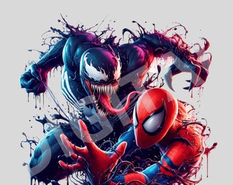 Venom vs Spiderman PNG, diseño de batalla de superhéroes de Marvel, descarga instantánea, impresión por sublimación DTF, camiseta neón salpicada PNG transparente