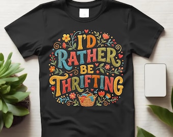 Tipografía de bordado retro PNG – “Prefiero ir de compras de segunda mano” Diseño de puntada floral vintage, gráfico de camiseta estilo boho hecho a mano