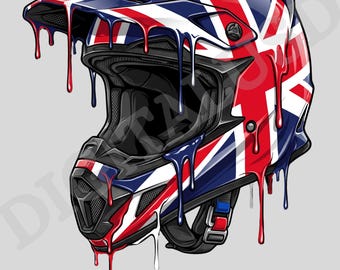 Casco de motocross con bandera del Reino Unido goteando PNG Union Jack Casco de moto de tierra Sublimación Casco de motocicleta británico Clipart Casco de carreras Digital