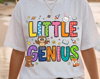 Little Genius Kids PNG, diseño de camiseta de regreso a clases, lindos animales de dibujos animados, tipografía de garabatos dibujada a mano, archivo de impresión por sublimación