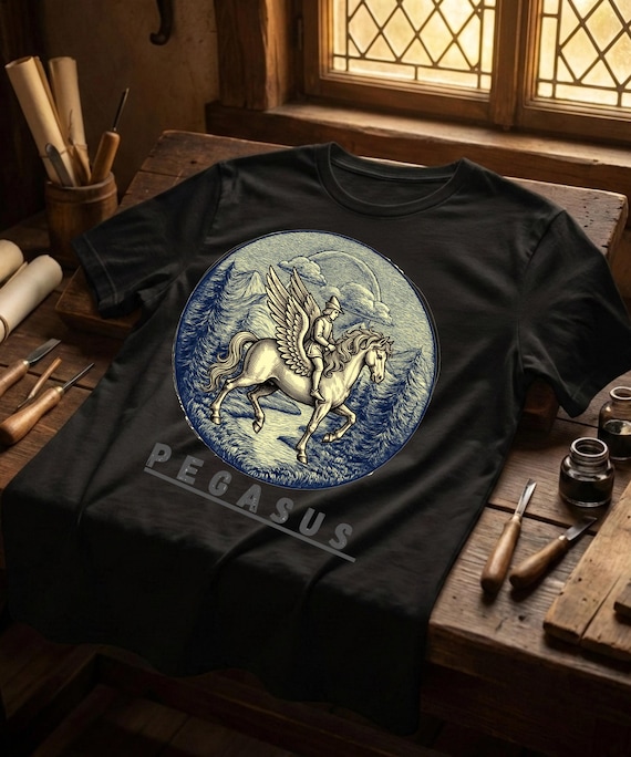Vintage Pegasus Rider T-Shirt Medieval Woodcut Engraving Graphic Tee  Mythical Winged Horse Gothic Fantasy Shirt