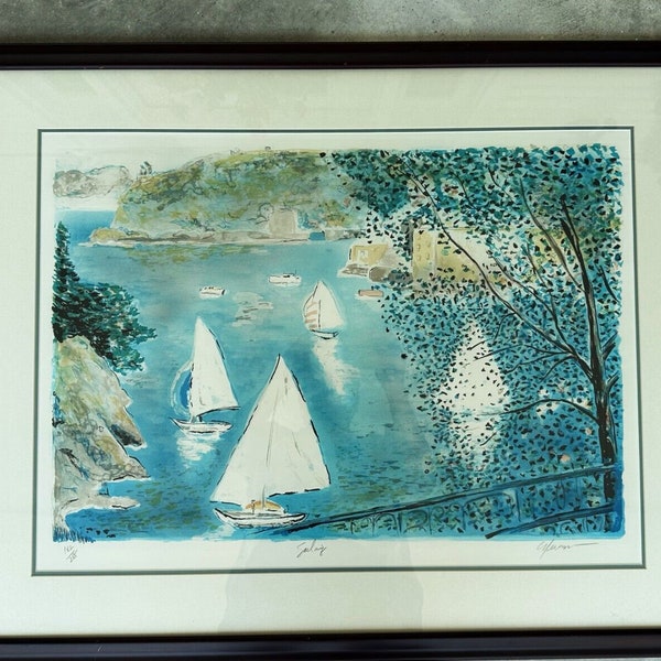 Large Bold FAUVIST Signed & Numbered Framed Lithograph Print "SAILING" A Seascape in the Style of Raoul Dufy Depicting Sailboats in a Harbor