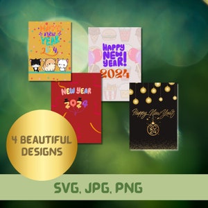 carte de bonne année, cartes de voeux de nouvel an, cartes de voeux kawaii, carte numérique de nouvel an, nouvel an 2024, bonne année svg png, nouvel an