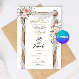 Editable Minimalist Nikkah Invitation Template | Floral Muslim Wedding Reception Walima Invite | Canva Template for Digital Download
