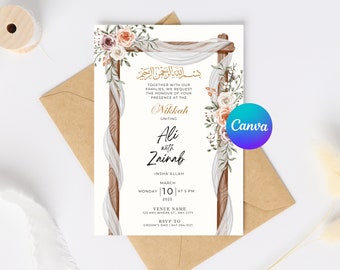 Bewerkbare minimalistische Nikkah-uitnodigingssjabloon | Bloemen moslim bruiloft receptie Walima uitnodigen | Canva-sjabloon voor digitale download
