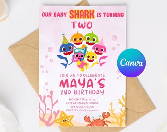 Editable Pink Baby Shark Birthday Invitation, Girl Kids Party Invite, Canva Template for Instant Digital Download