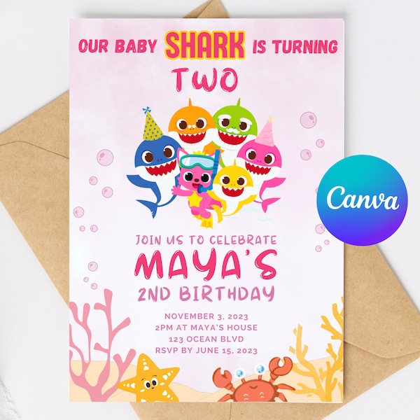 Editable Pink Baby Shark Birthday Invitation, Girl Kids Party Invite, Canva Template for Instant Digital Download