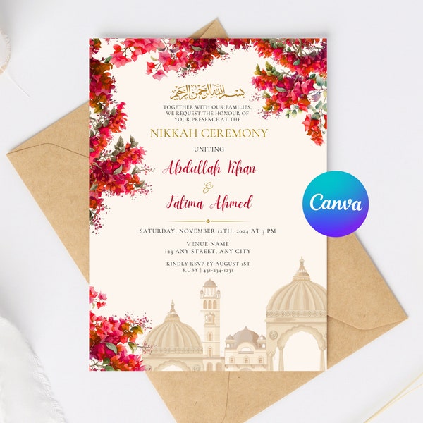 Editable Nikkah Invitation Template | Red Mosque Islamic Wedding Reception Invite | Canva Template for Digital Download