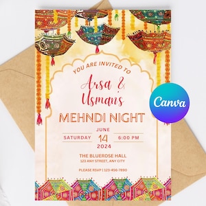 Bewerkbare kleurrijke Mehndi-uitnodigingssjabloon | Oranje paraplu Haldi Dholki Mayoun-uitnodiging | Canva-sjabloon voor digitale download