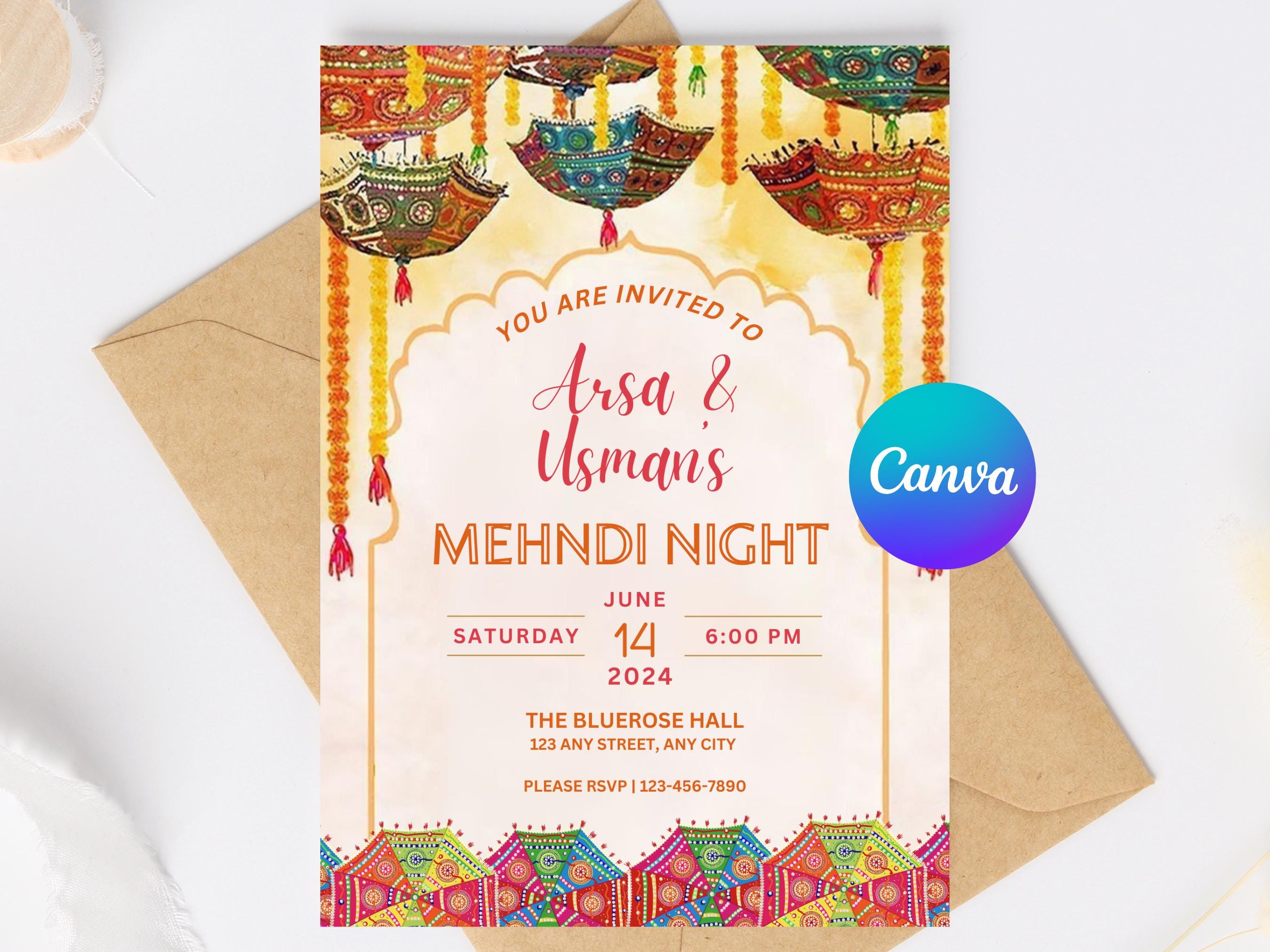 Editable Colorful Mehndi Invitation Template | Orange Umbrella Haldi Dholki Mayoun Invite | Canva Template for Digital Download