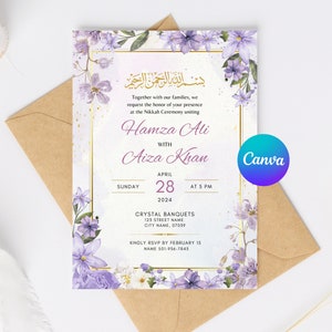 Editable Islamic Nikkah Invitation Template | Purple Floral Muslim Wedding Reception Walima Invite | Canva Template for Digital Download