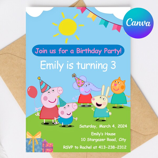 Editable Pig Birthday Invitation, Kids Birthday Invite, Canva Template for Instant Digital Download