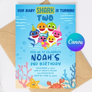 Editable Baby Shark Birthday Invitation, Kids Party Invite, Canva Template for Instant Digital Download