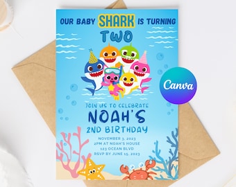 Invitación editable de cumpleaños de tiburón bebé, invitación a fiesta para niños, plantilla Canva para descarga digital instantánea