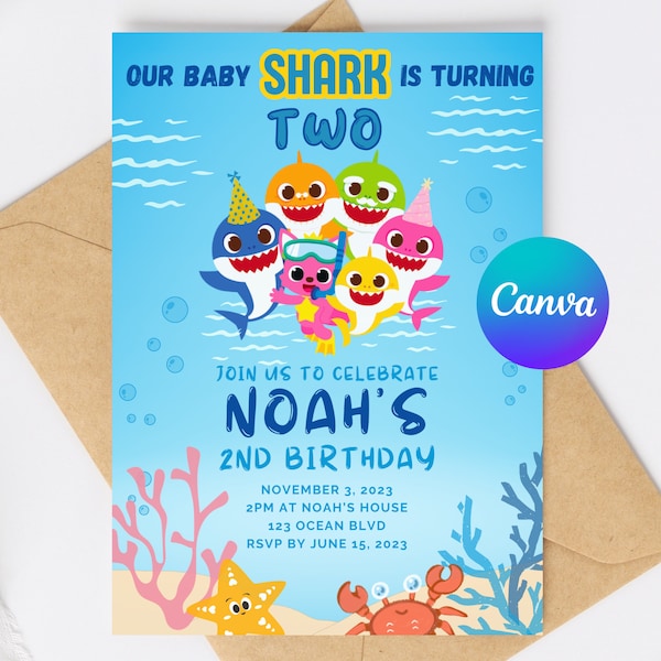 Editable Baby Shark Birthday Invitation, Kids Party Invite, Canva Template for Instant Digital Download