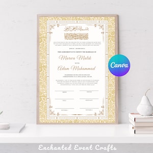 Peut inclure: Un certificat de mariage islamique imprimable avec un motif floral doré. Le texte indique "Cet accord certifie le mariage de Marwa Malik avec Adam Mohammad, célébré le 17 juin 2021, correspondant au 22 Zul-Hijjah 1442 AH."