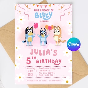 Invitation d'anniversaire modifiable de chien bleu | Faire-part rose personnalisé fille | Modèle de toile pour téléchargement numérique