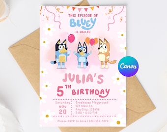 Puede incluir: Una invitación de cumpleaños rosa con una imagen de dibujos animados de los personajes del programa Bluey. La invitación dice "Este episodio de Bluey se llama..." y "El 5º cumpleaños de Julia". La invitación incluye la fecha, la hora y el lugar de la fiesta.