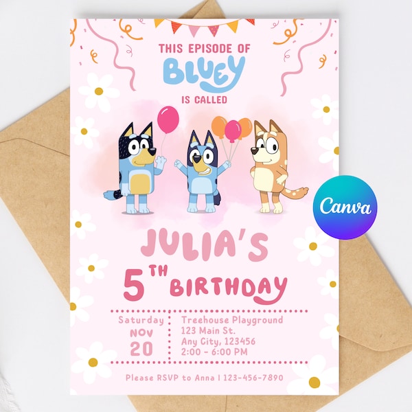 Faire-part d'anniversaire chien bleu modifiable, invitation de fête rose fille enfants, modèle de toile pour téléchargement numérique