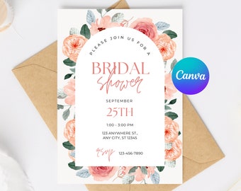 Editable Bridal Shower Invitation, Pink Floral Invite, Canva Template for Digital Download