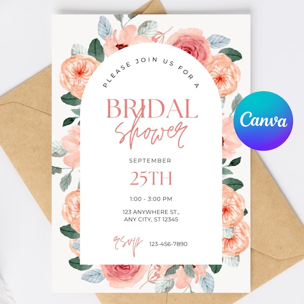 Editable Bridal Shower Invitation, Pink Floral Invite, Canva Template for Digital Download