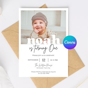 May include: A white and black birthday invitation with a photo of a baby boy. The invitation says "noah is turning One" and includes the date and time of the party. The invitation also includes the address and RSVP information.