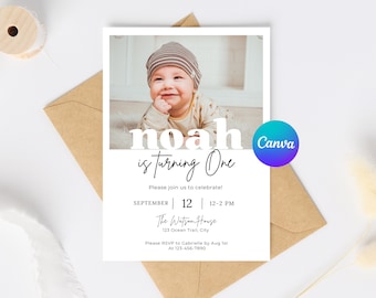 Minimalist Baby Photo Birthday Invitation: Editable Canva Template (Digital Download)
