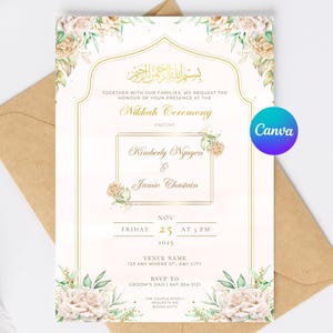 Editable Islamic Nikkah Invitation Template | Pink Gold Floral Muslim Wedding Reception Walima Invite | Canva Template for Digital Download