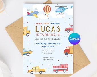 Editable Transportation Birthday Invitation, Kids Vehicle Party Invite, Canva Template for Digital Download