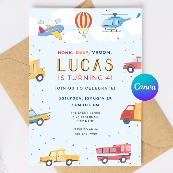 Editable Transportation Birthday Invitation, Kids Vehicle Party Invite, Canva Template for Digital Download