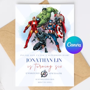 Invito di compleanno modificabile per supereroe/Invito per festa di compleanno per bambini/Modello Canva per il download digitale istantaneo