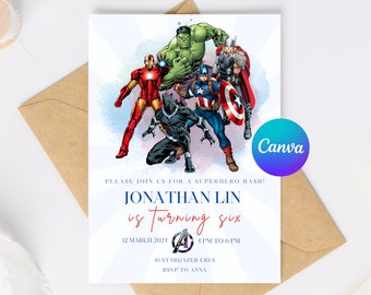 Editable Superhero Birthday Invitation, Kids Birthday Party Invite, Canva Template for Instant Digital Download