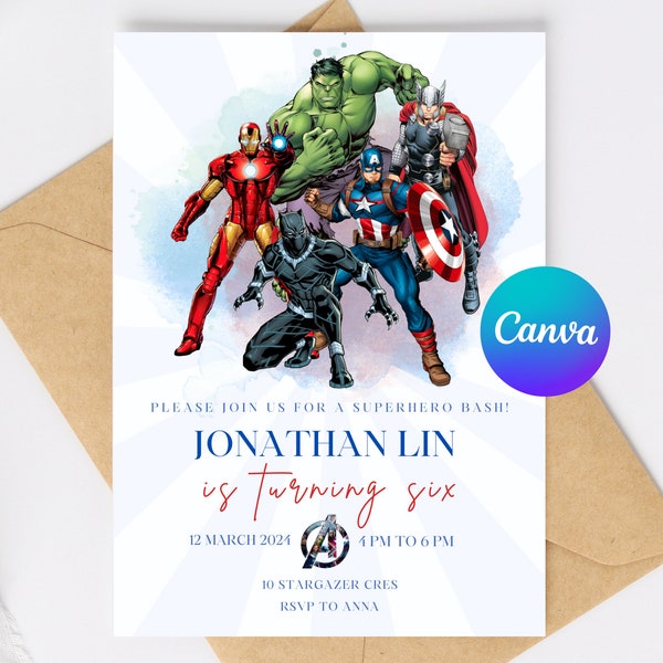 Editable Superhero Birthday Invitation, Kids Birthday Party Invite, Canva Template for Instant Digital Download