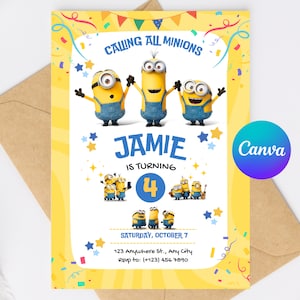 Invitation d'anniversaire jaune modifiable | Invitation d'anniversaire pour enfants | Modèle de toile pour téléchargement numérique