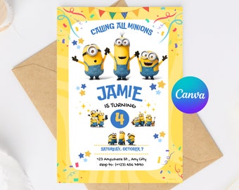 Invito di compleanno giallo modificabile, invito di compleanno per bambini, modello Canva per il download digitale