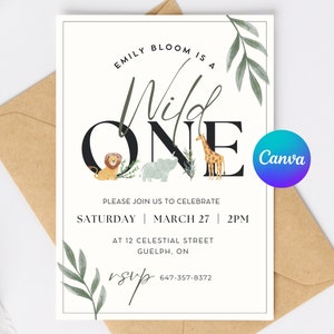 Safari Wild One Birthday Invitation: Jungle Animals, Girl Invite (Canva Template - Digital Download)