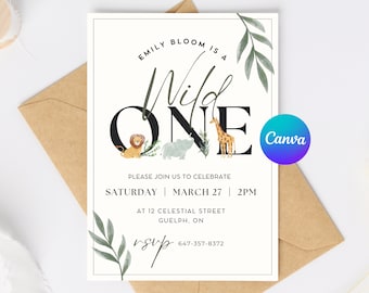 Safari Wild One Birthday Invitation: Jungle Animals, Girl Invite (Canva Template - Digital Download)
