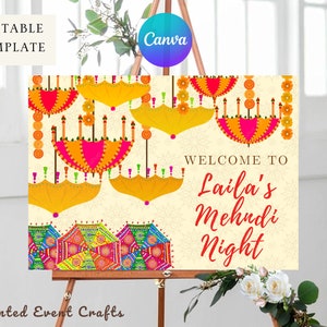 Letrero de bienvenida de mehndi colorido editable / Letrero de 18 x 24 para Dholki Mayoun Mehndi / Plantilla Canva para descarga digital